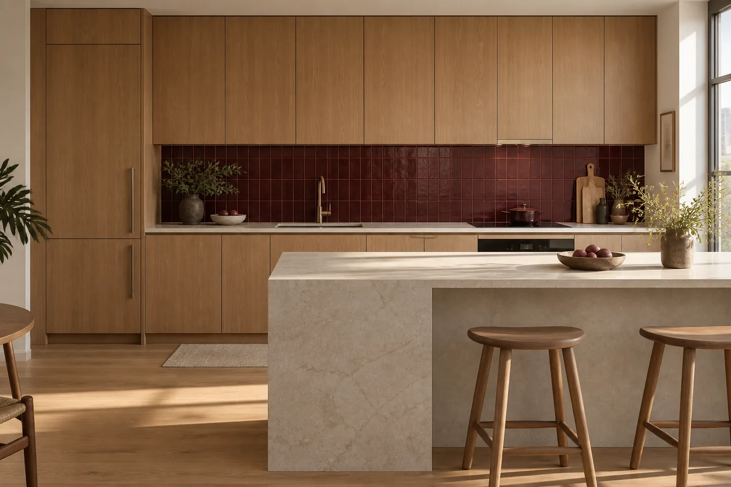 An oak kitchen with a pale stone island and burgundy tiles. AI-generated concept.