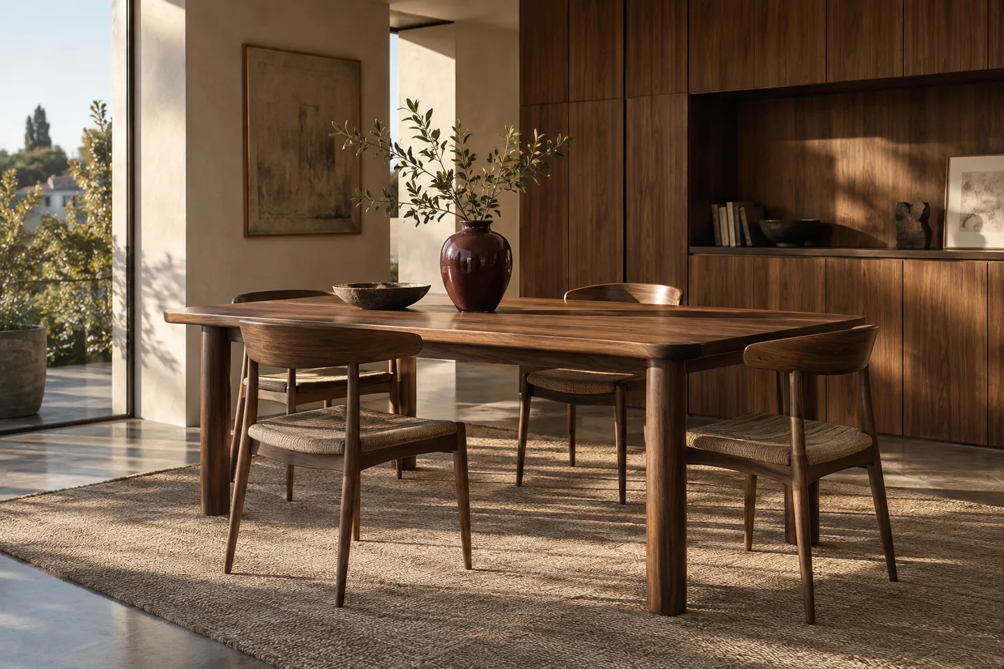 Walnut dining table, with unchanged chairs and setting. Concept visualisation.