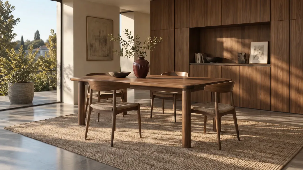 A walnut dining room in daylight. AI concept.