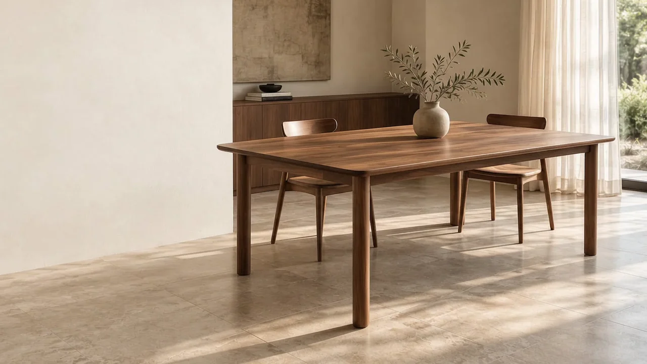 Refined walnut dining table in warm window light. AI concept.
