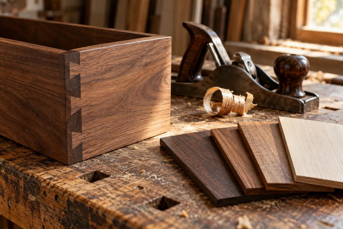 A walnut drawer, timber samples and a hand plane on a woodworking bench. AI-generated illustration.